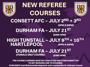 Durham FA new referee courses now available for booking and pre-course learning.